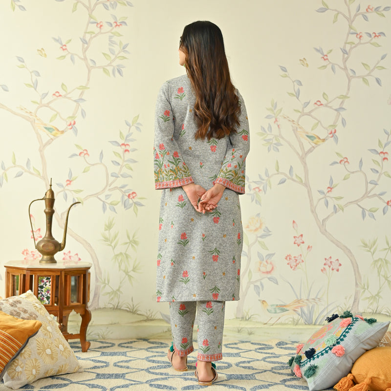 Ivory Floral Woollen Kurta Set with Bell Sleeves