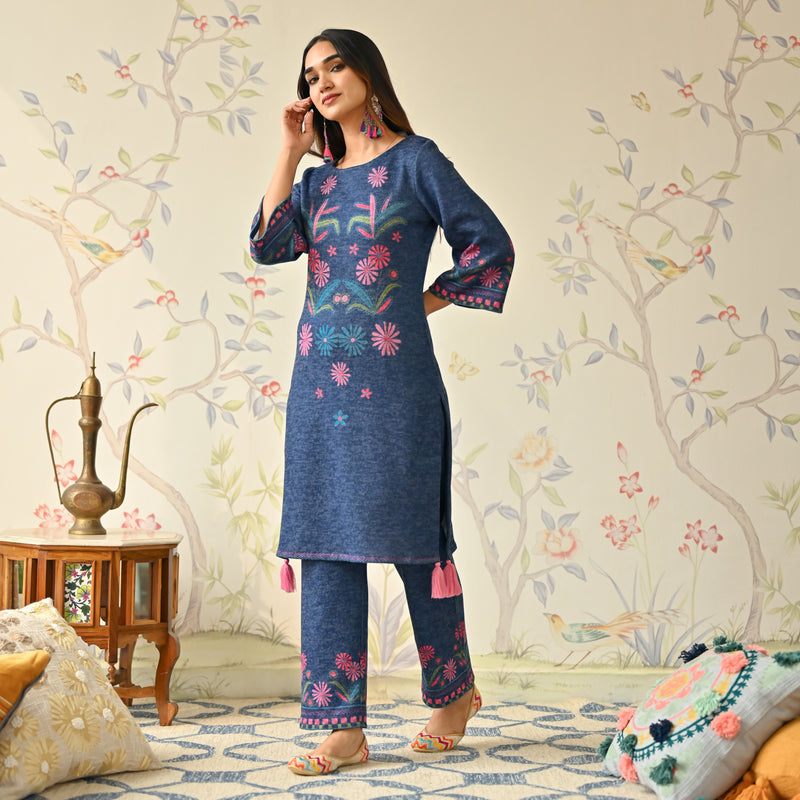 Blue Tribal Woollen Kurta with Tassel Detailing