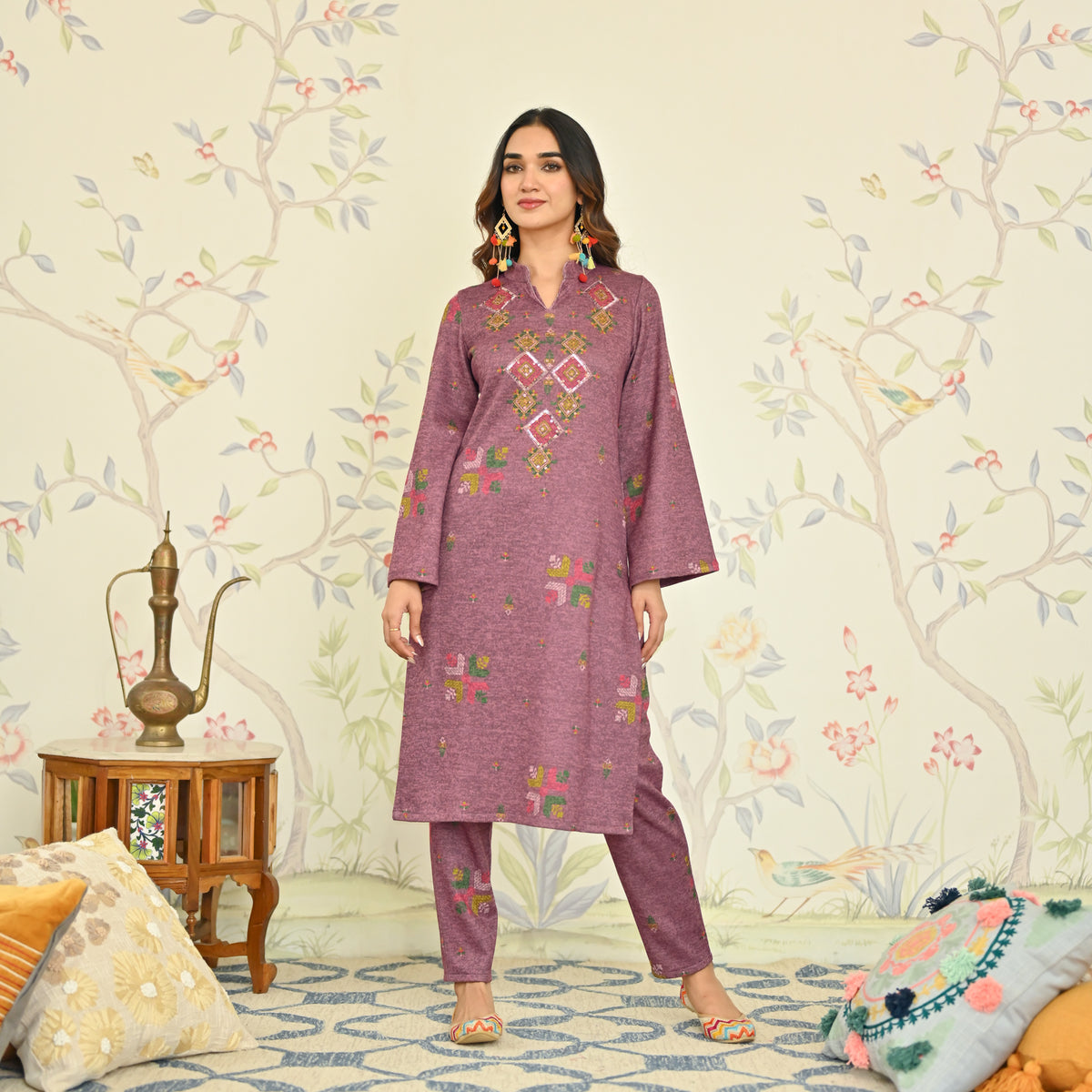 Mauve Phulkari Printed Woollen Kurta with Sequins Work