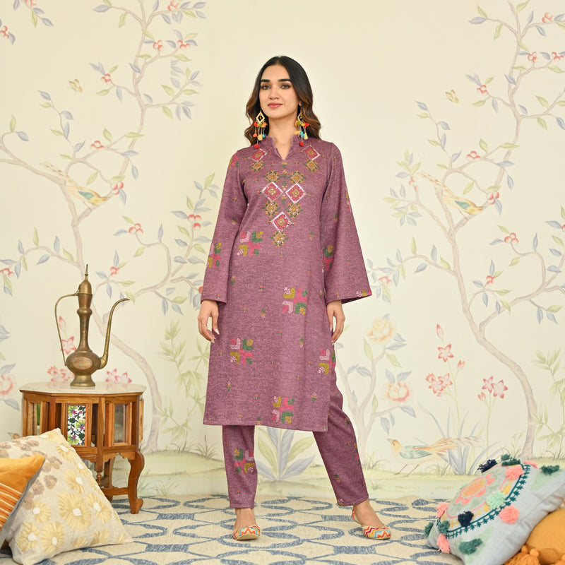 Mauve Phulkari Printed Woollen Kurta Set with Sequins Work