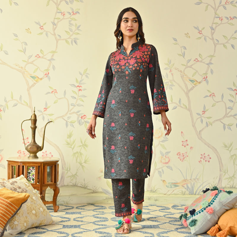 Black Floral Woollen Kurta Set with Bell Sleeves