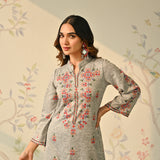 Ivory Geometric Floral Woollen Kurta with Embroidery Detail