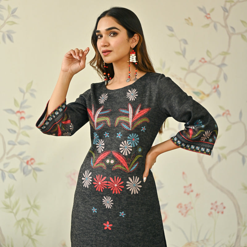 Black Tribal Woollen Kurta Set with Tassel Detailing