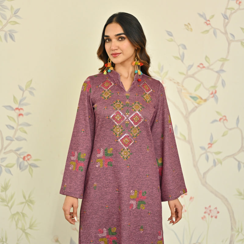 Mauve Phulkari Printed Woollen Kurta Set with Sequins Work