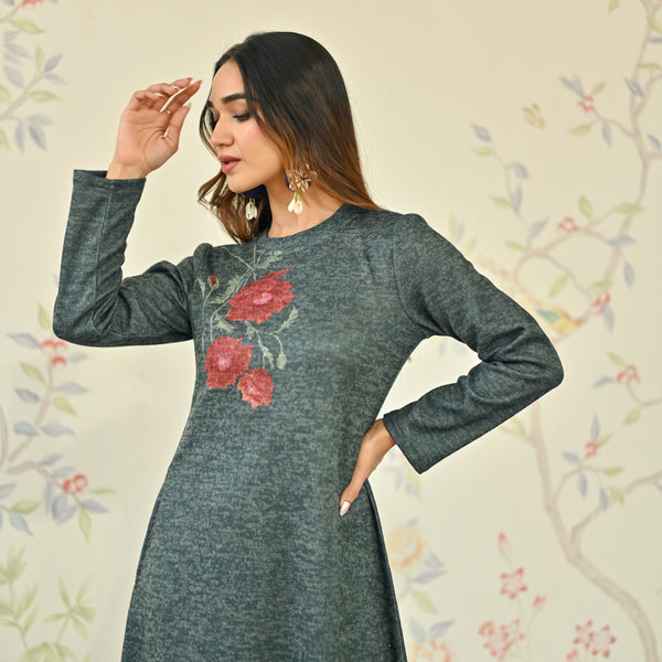 Emerald Green Floral A-line Woollen Dress