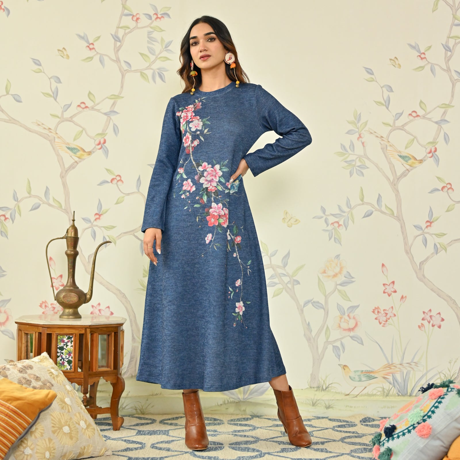 Navy Blue Floral A-line Woollen Dress