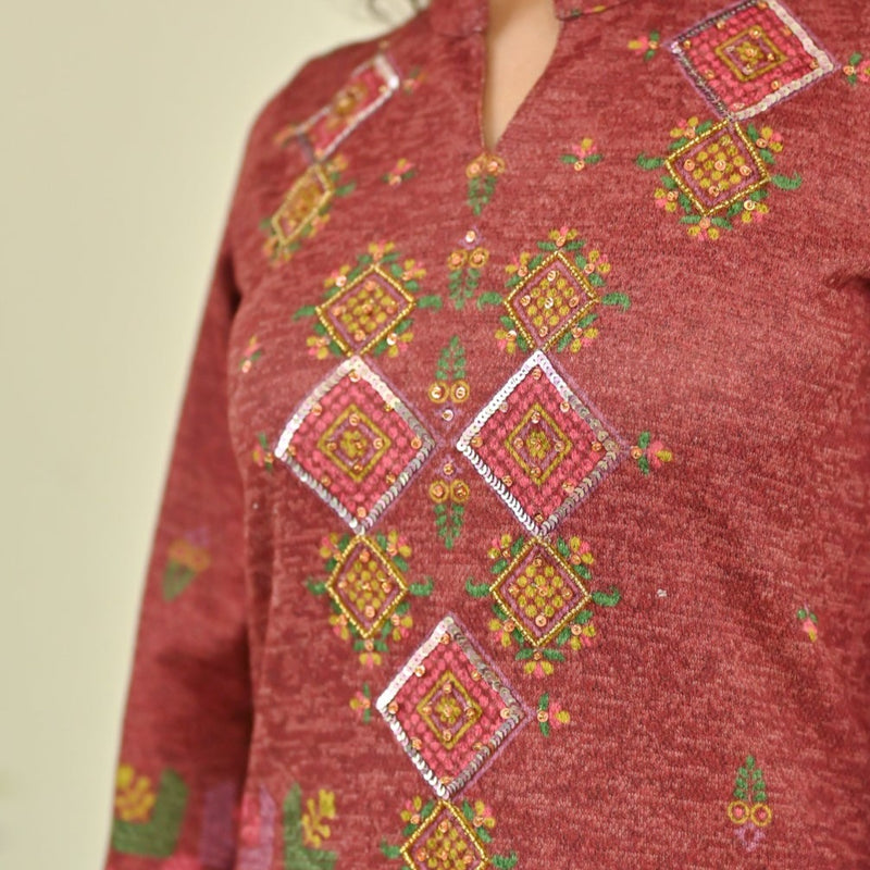 Maroon Phulkari Printed Woollen Kurta with Sequins Work
