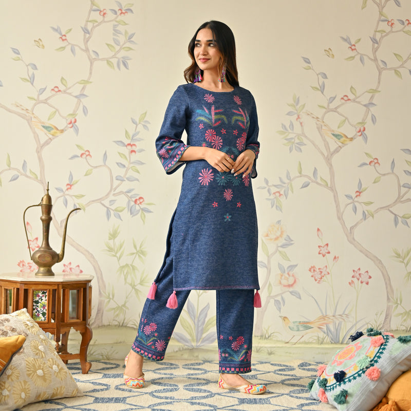 Blue Tribal Woollen Kurta Set with Tassel Detailing