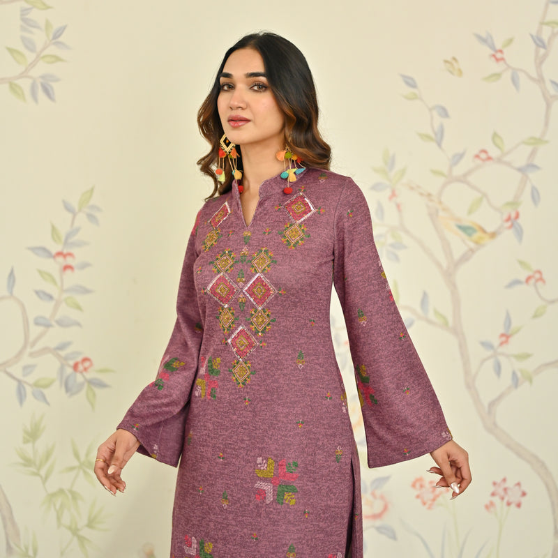 Mauve Phulkari Printed Woollen Kurta Set with Sequins Work