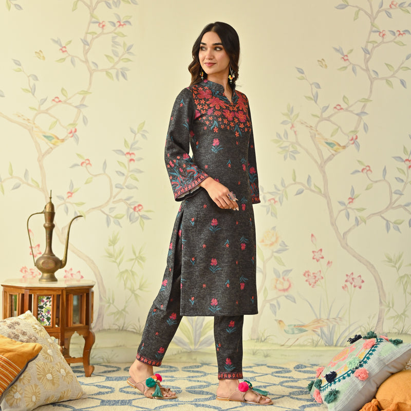 Black Floral Woollen Kurta Set with Bell Sleeves