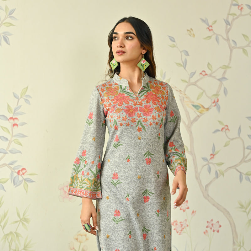 Ivory Floral Woollen Kurta Set with Bell Sleeves