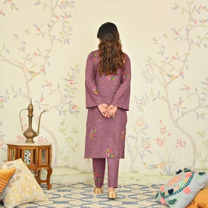 Mauve Phulkari Printed Woollen Kurta Set with Sequins Work