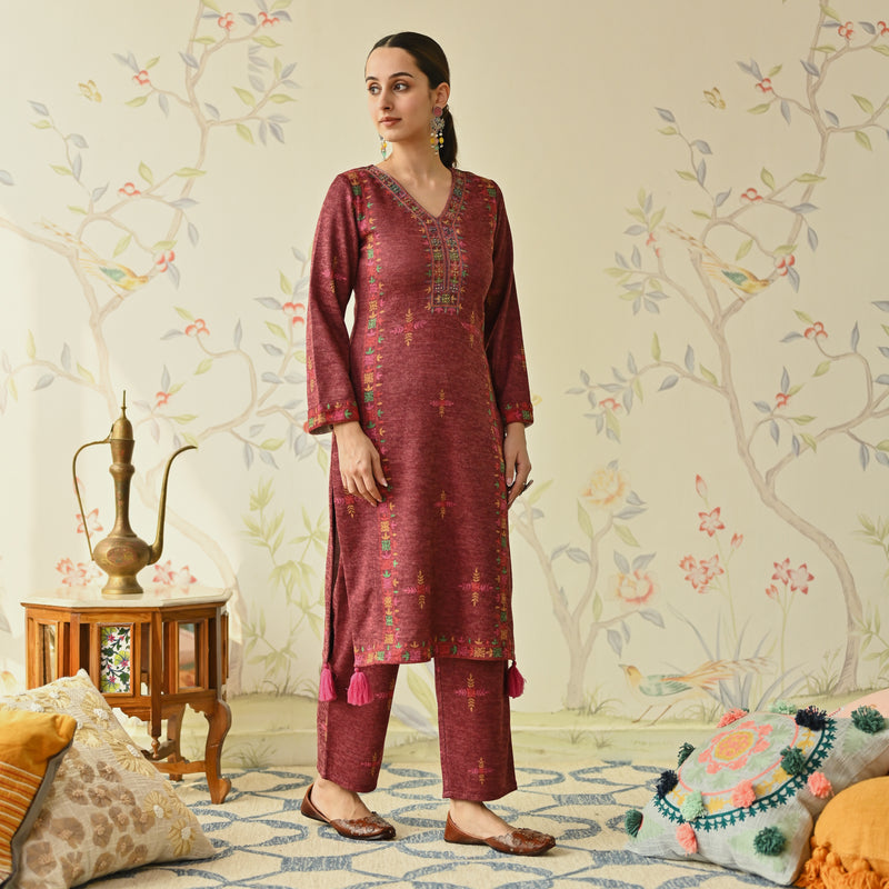 Maroon Embroidered & Phulkari Printed Woollen Kurta Pant Set