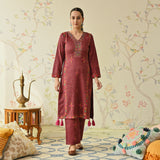 Maroon Embroidered & Phulkari Printed Woollen Kurta Pant Set