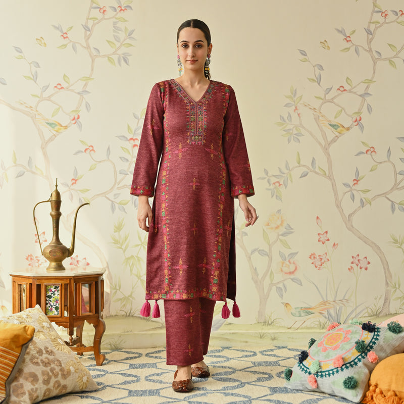Maroon Embroidered & Phulkari Printed Woollen Kurta Pant Set