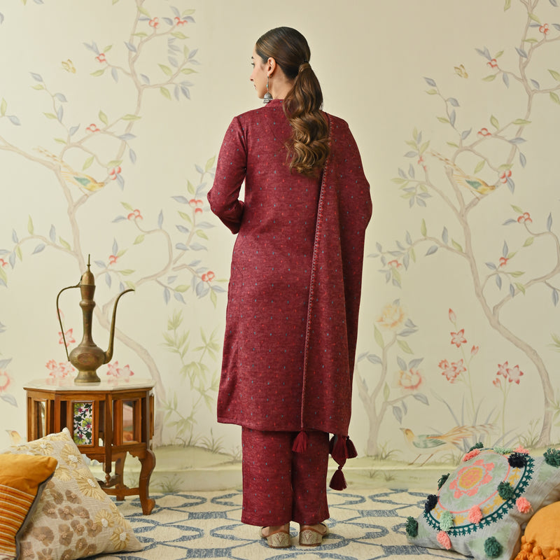 Maroon Embroidered Woollen Kurta