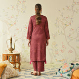 Maroon Embroidered & Phulkari Printed Woollen Kurta Pant Set