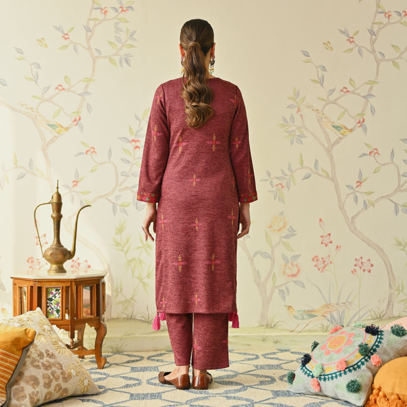 Maroon Embroidered & Phulkari Printed Woollen Kurta Pant Set