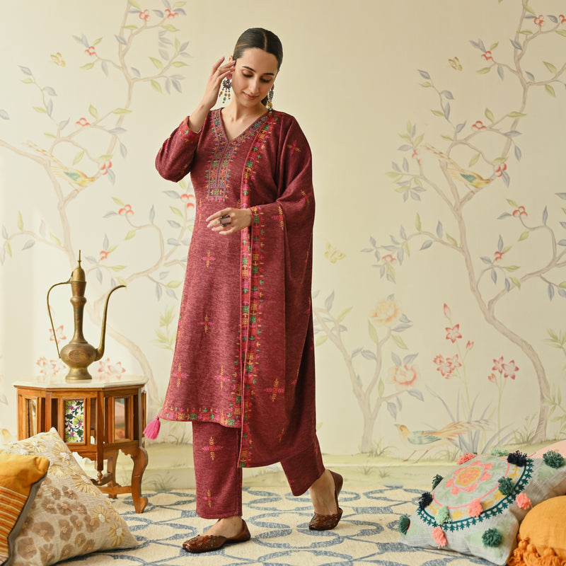 Maroon Embroidered & Phulkari Printed Woollen Kurta Pant Set with Dupatta