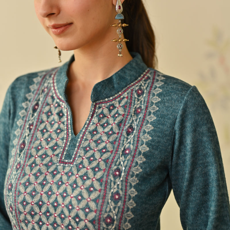 Teal Embroidered & Monotone Woollen Kurta