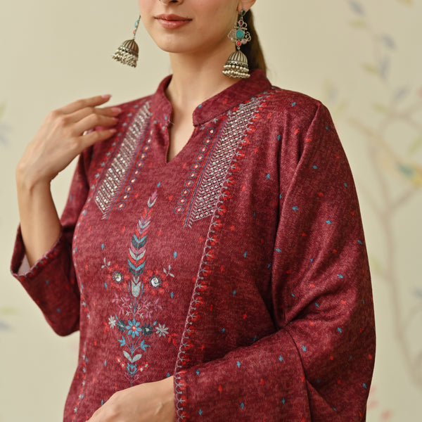 Maroon Embroidered Woollen Kurta Pant Set with Dupatta