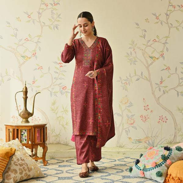 Maroon Embroidered & Phulkari Printed Woollen Kurta Pant Set with Dupatta