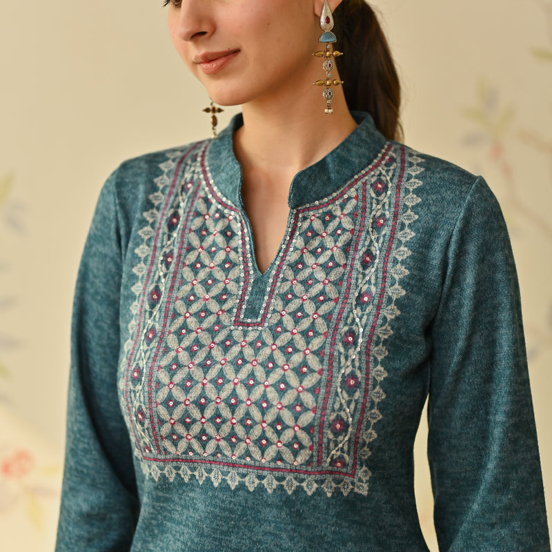 Teal Embroidered & Monotone Woollen Kurta