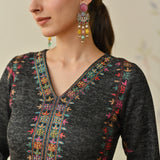 Black Embroidered & Phulkari Printed Woollen Kurta Pant Set