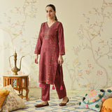 Maroon Embroidered & Phulkari Printed Woollen Kurta Pant Set