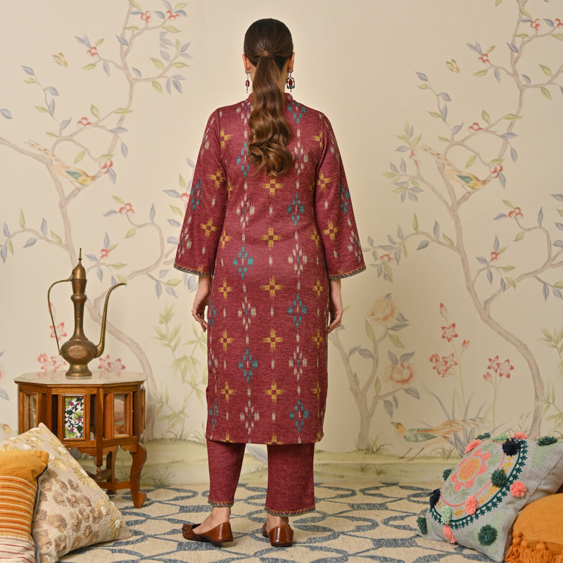 Maroon Embroidered & Ikat Printed Woollen Kurta Pant Set with Dupatta