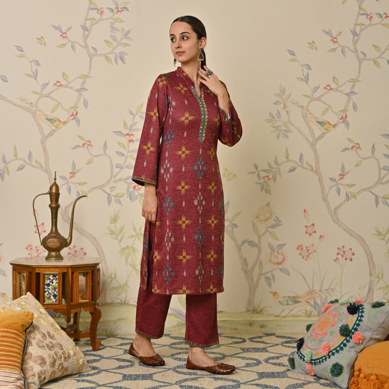 Maroon Embroidered & Ikat Printed Woollen Kurta