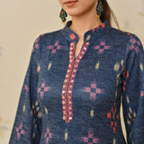 Navy Blue Embroidered & Ikat Printed Woollen Kurta Pant Set