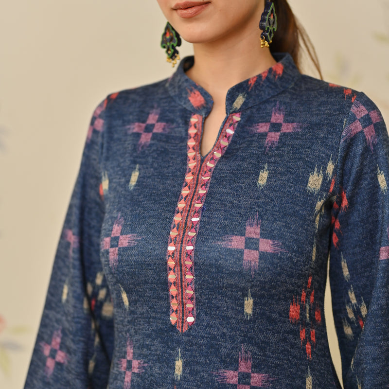 Navy Blue Embroidered & Ikat Printed Woollen Kurta Pant Set