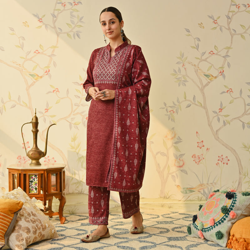 Maroon Embroidered & Monotone Woollen Kurta Pant Set with Dupatta