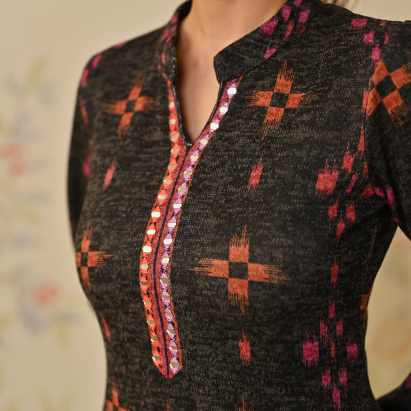 Black Embroidered & Ikat Printed Woollen Kurta