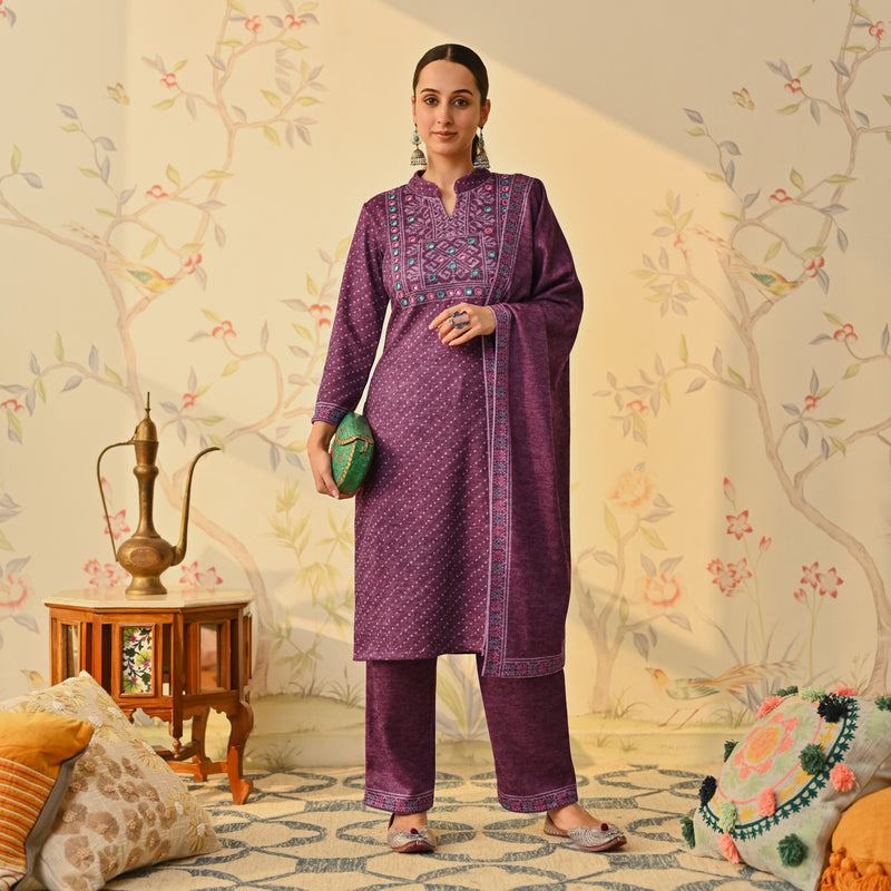Purple Kutch Embroidered Woollen Kurta Pant Set with Dupatta