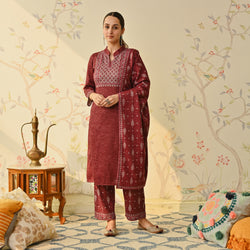 Maroon Embroidered & Monotone Woollen Kurta Pant Set with Dupatta