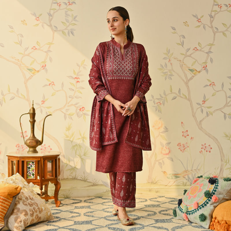 Maroon Embroidered & Monotone Woollen Kurta Pant Set with Dupatta