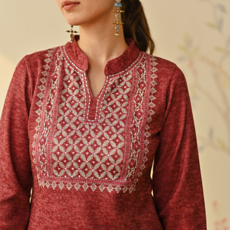 Maroon Embroidered & Monotone Woollen Kurta Pant Set with Dupatta