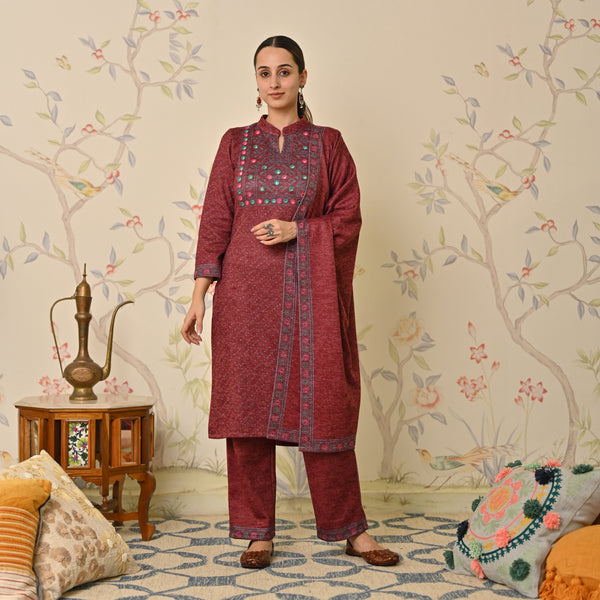 Maroon Kutch Embroidered Woollen Kurta Pant Set with Dupatta