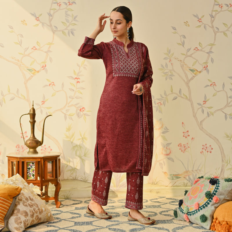 Maroon Embroidered & Monotone Woollen Kurta Pant Set with Dupatta