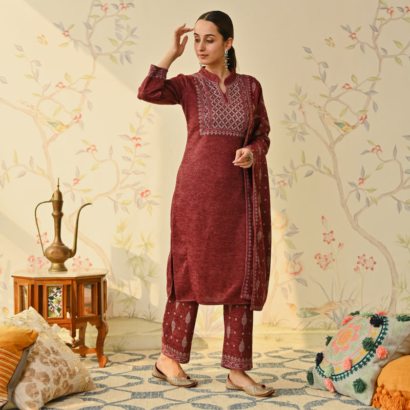 Maroon Embroidered & Monotone Woollen Kurta Pant Set with Dupatta