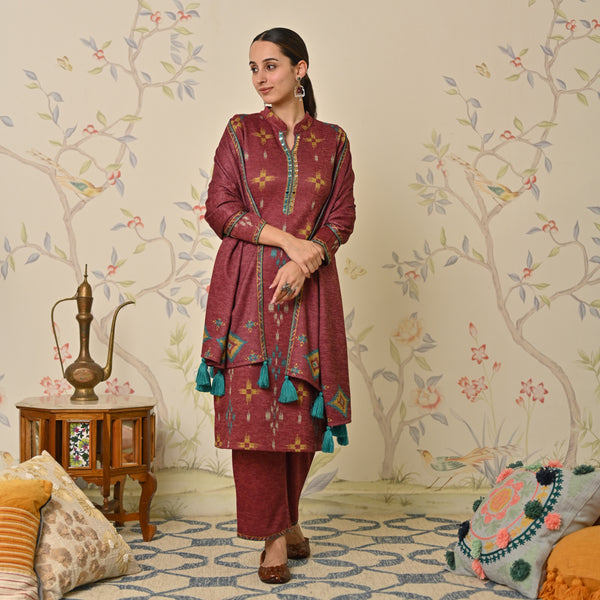 Maroon Embroidered & Ikat Printed Woollen Kurta Pant Set with Dupatta