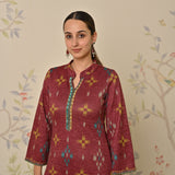 Maroon Embroidered & Ikat Printed Woollen Kurta