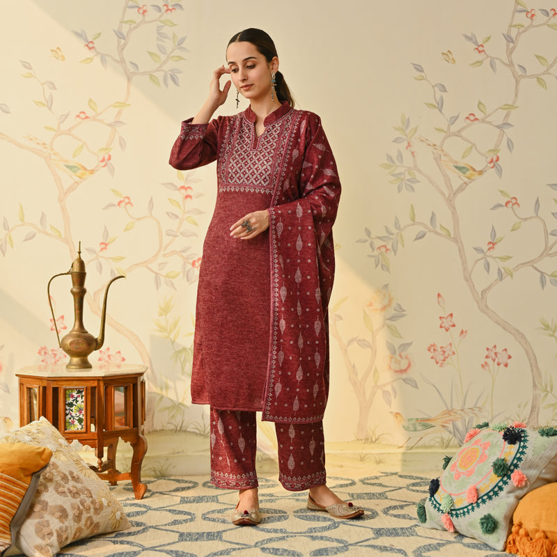 Maroon Embroidered & Monotone Woollen Kurta Pant Set with Dupatta