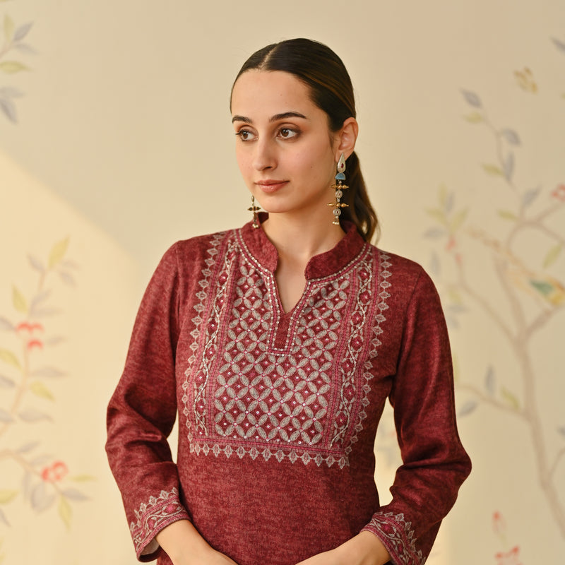 Maroon Embroidered & Monotone Woollen Kurta Pant Set with Dupatta