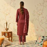 Maroon Embroidered & Monotone Woollen Kurta Pant Set with Dupatta