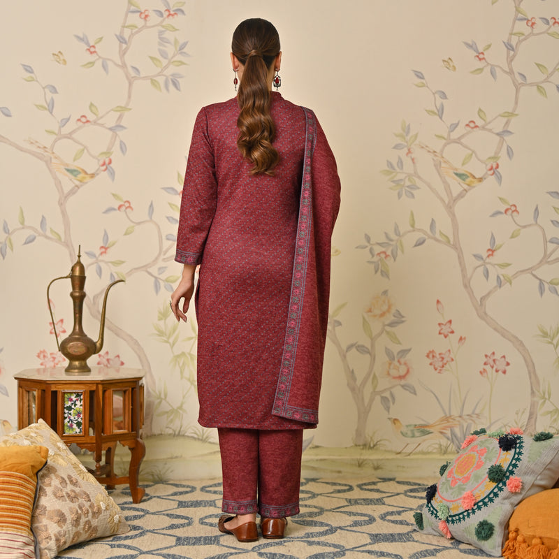 Maroon Kutch Embroidered Woollen Kurta Pant Set with Dupatta