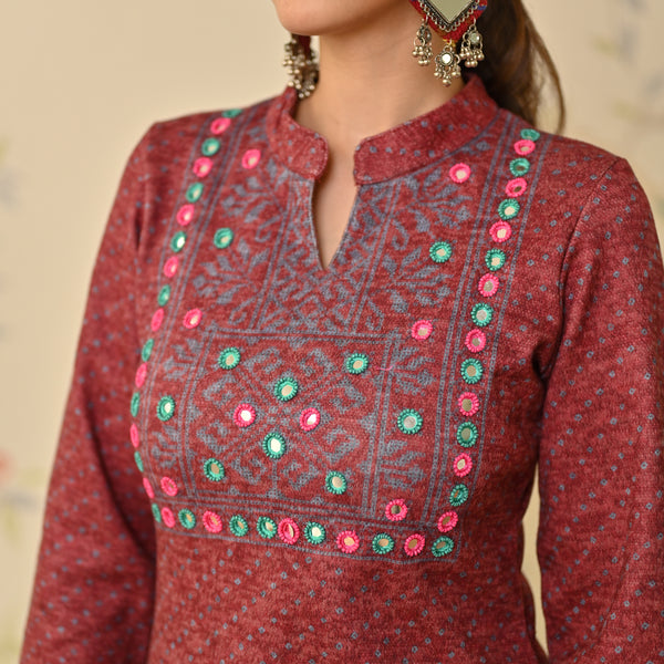 Maroon Kutch Embroidered Woollen Kurta Pant Set