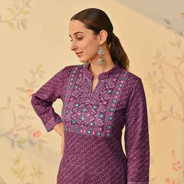 Purple Kutch Embroidered Woollen Kurta Pant Set with Dupatta